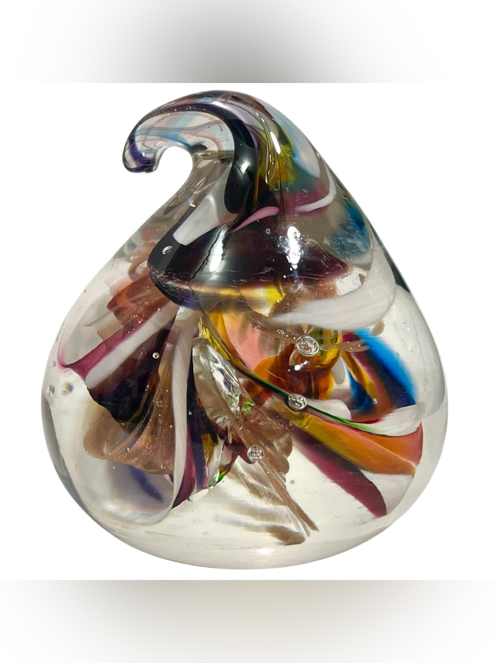Vintage 2000s WV Sculpted Art Glass Signed Kiss Rainbow/Clear Paperweight